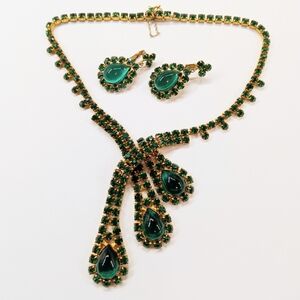 Vintage Green Glass Rhinestone Necklace Earring Set